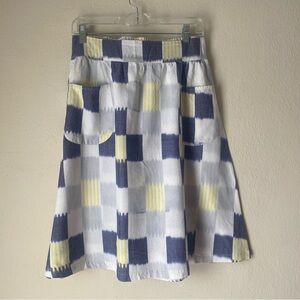 Blue, White and Yellow Rectangular Ikat Knee Length Skirt with patch pockets
